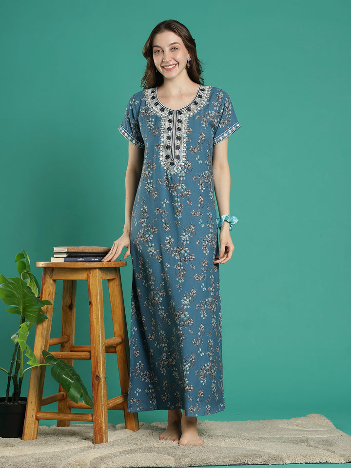 Teal floral soft alpine a-line night dress for women