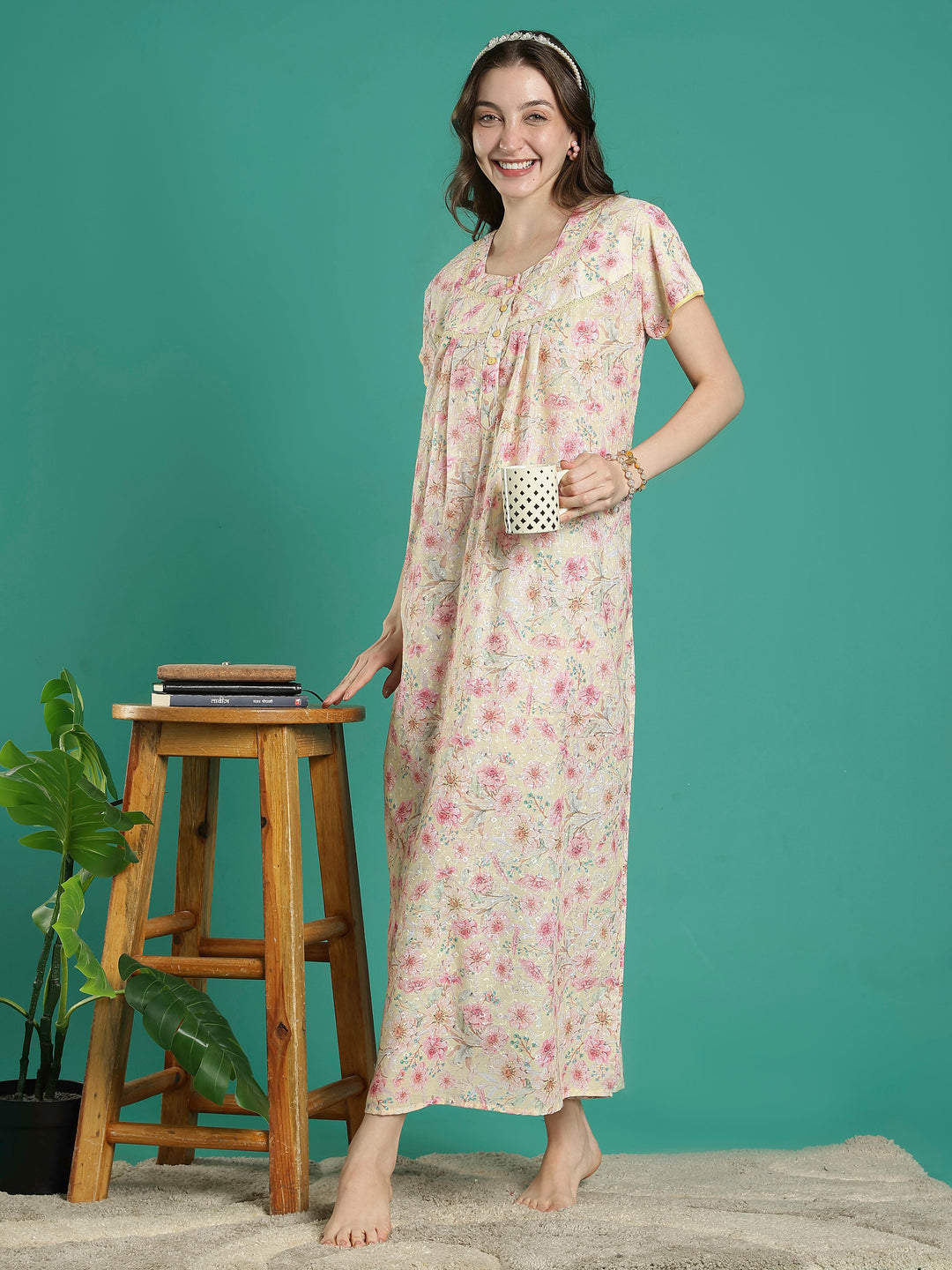 Cream floral hakoba cotton viscose soft nighty for women