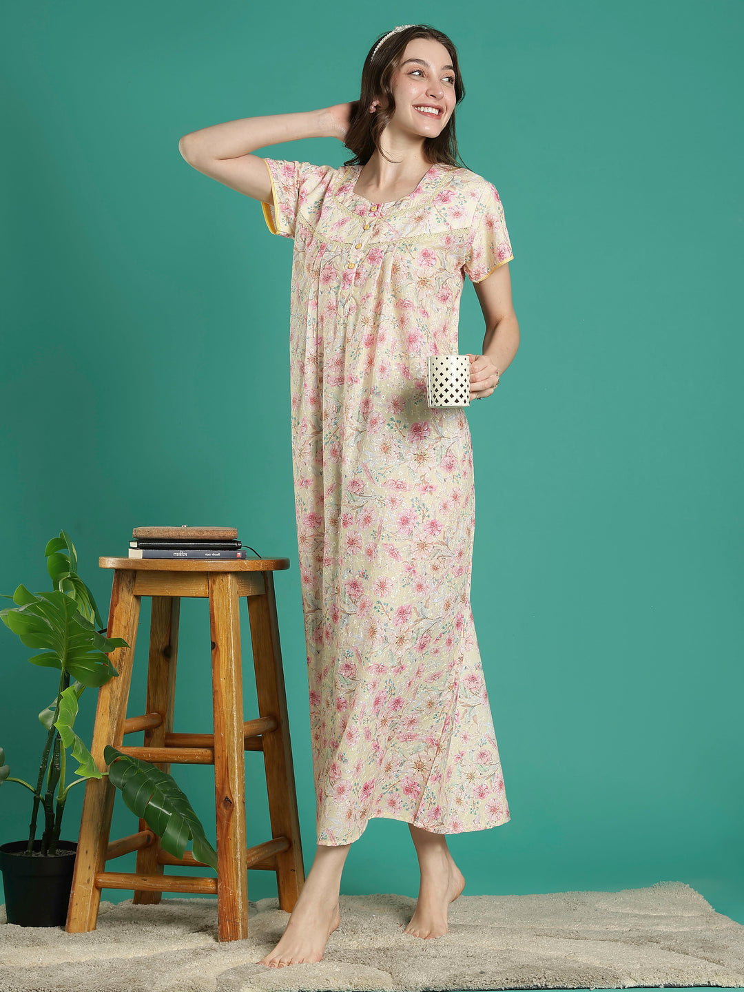 Cream floral hakoba cotton viscose soft nighty for women