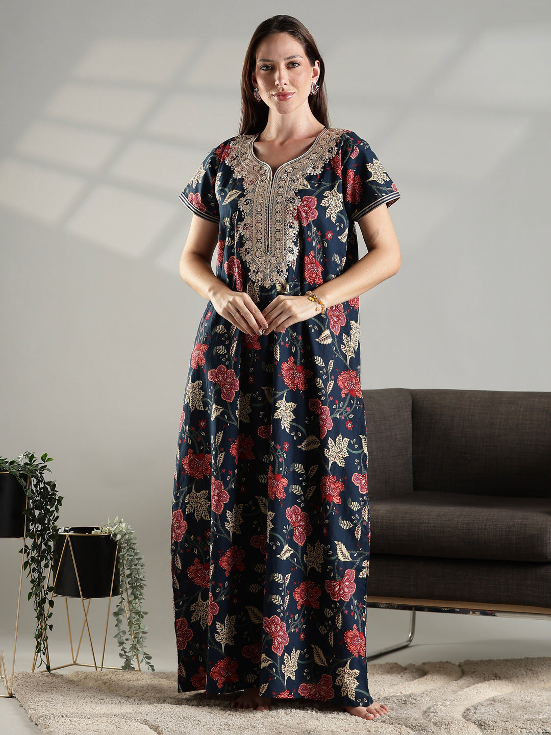 Soft pure cotton nighty for ladies for summer in navy