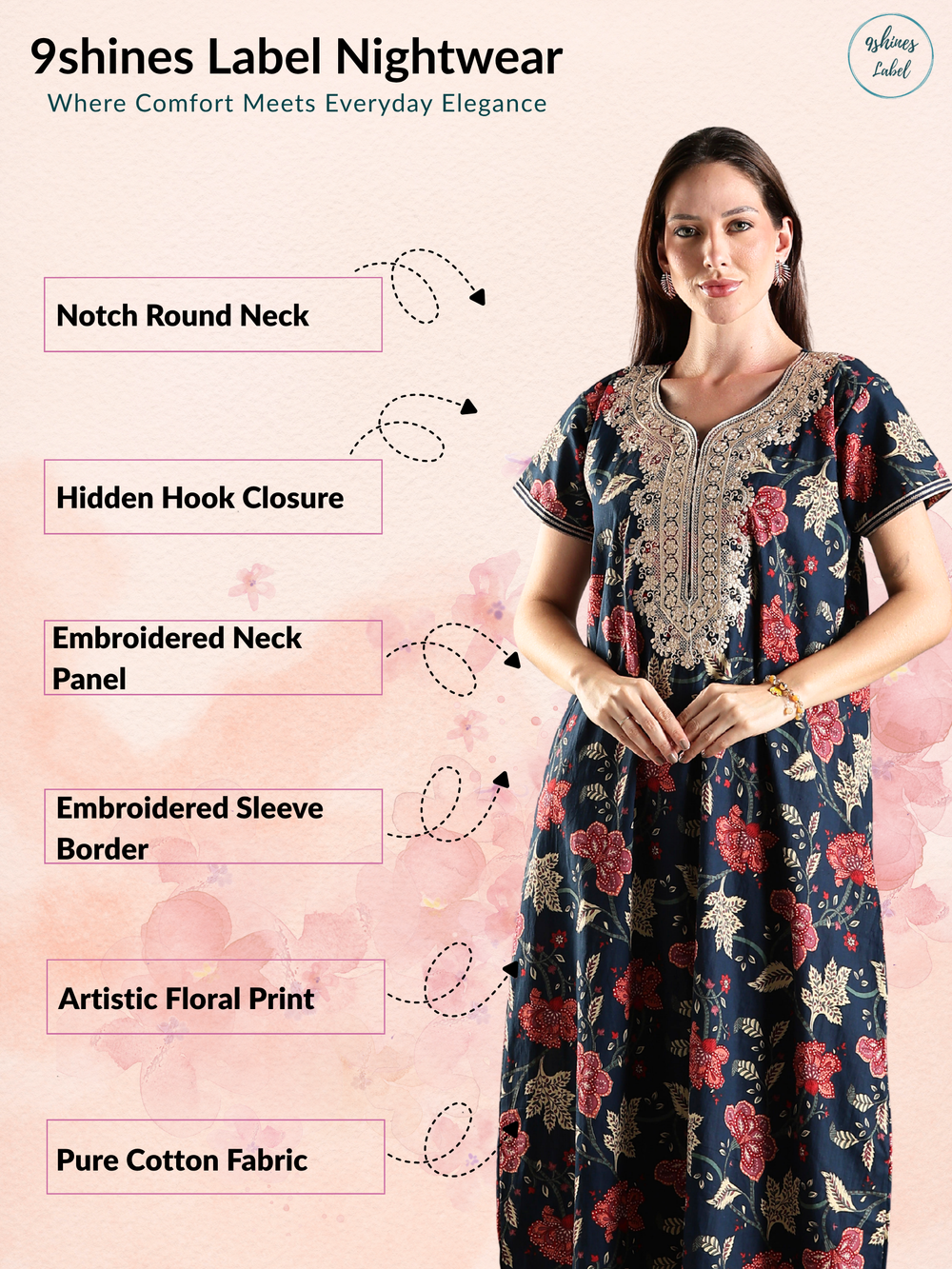 Soft pure cotton nighty for ladies for summer in navy