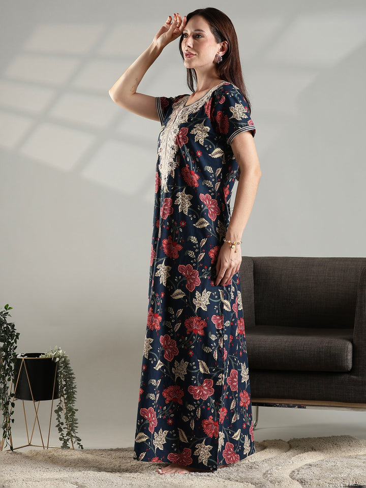 Soft pure cotton nighty for ladies for summer in navy