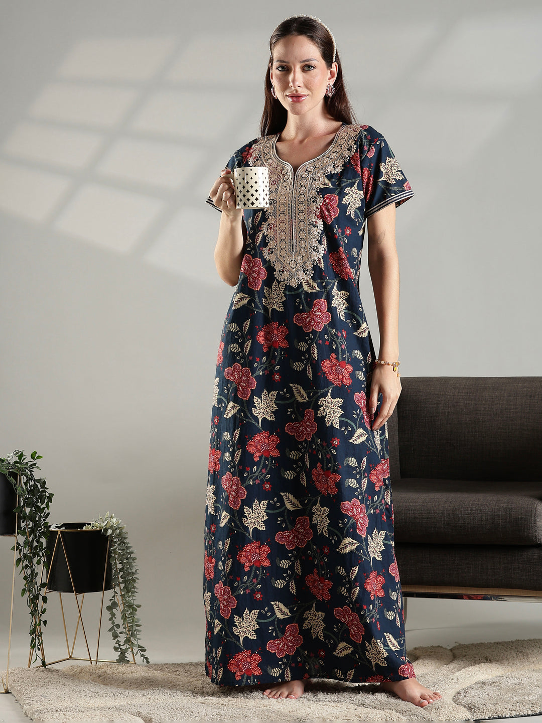 Soft pure cotton nighty for ladies for summer in navy