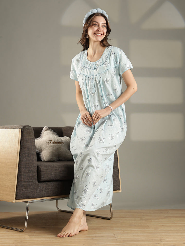 Pastel blue floral pure cotton nighty for summer