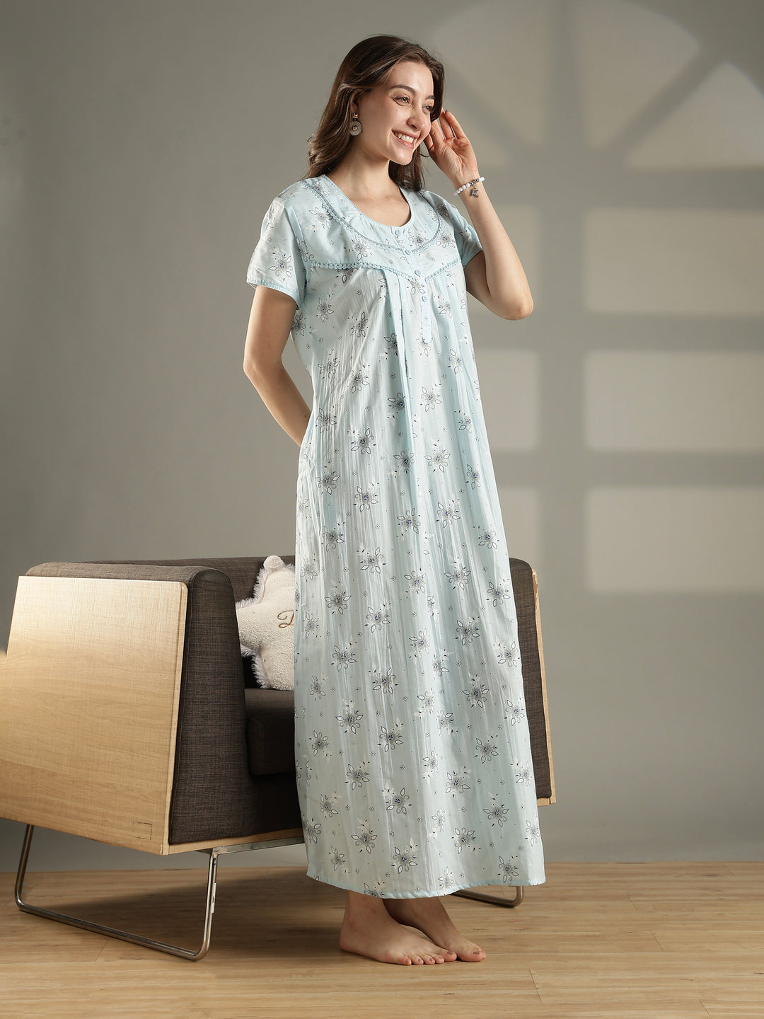 Pastel blue floral pure cotton nighty for summer