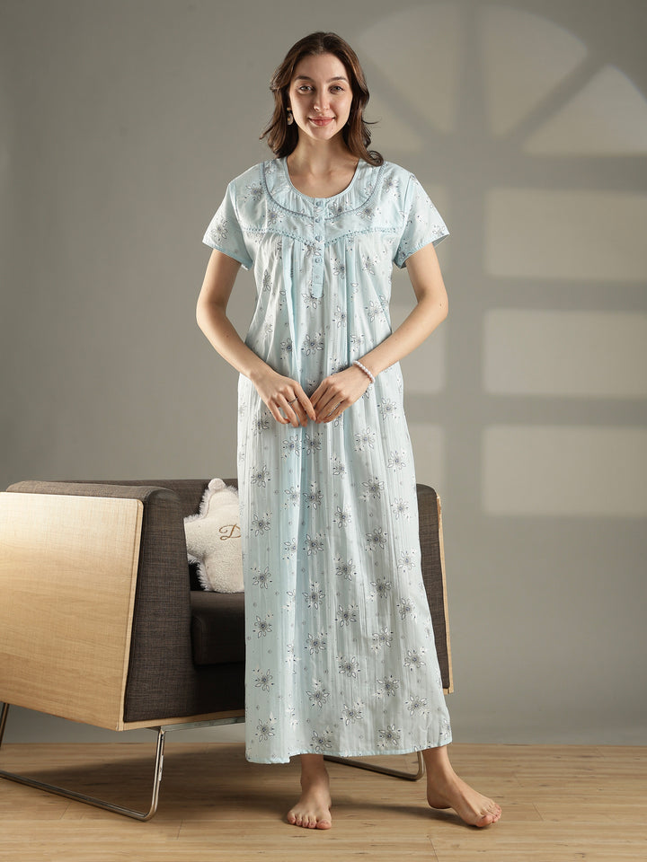 Pastel blue floral pure cotton nighty for summer