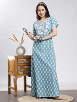 Tropica Teal Floral Kantha Work Pure Cotton Nighty