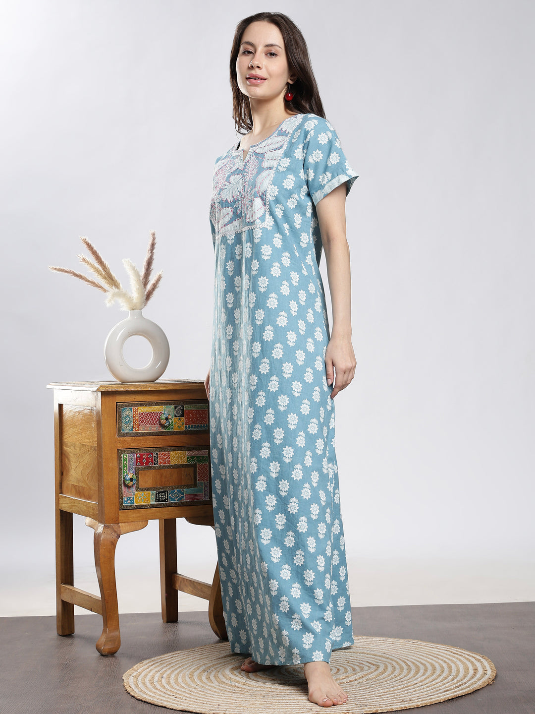 Teal cotton nighty for ladies available in sizes m to 3xl