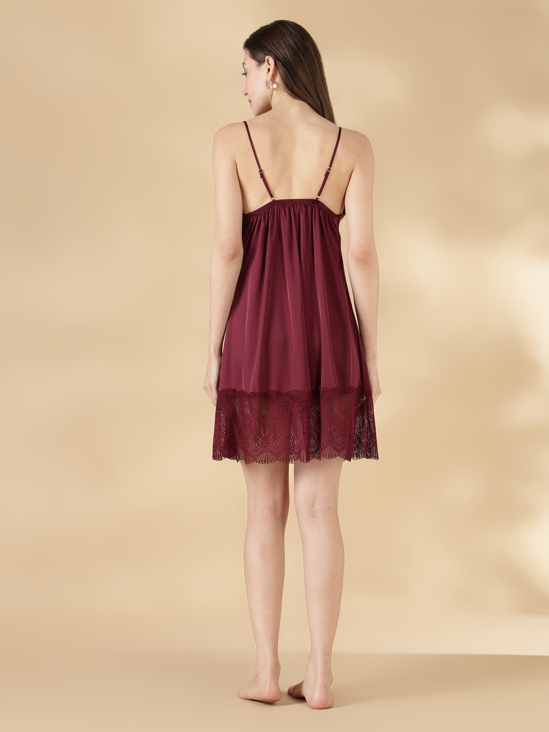 Malai Satin Lace Nighty with Matching Robe in Wine Rose