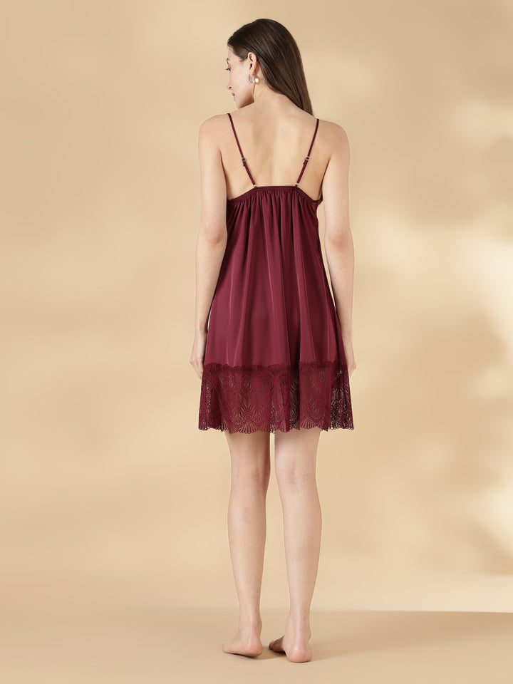 Malai Satin Lace Nighty with Matching Robe in Wine Rose