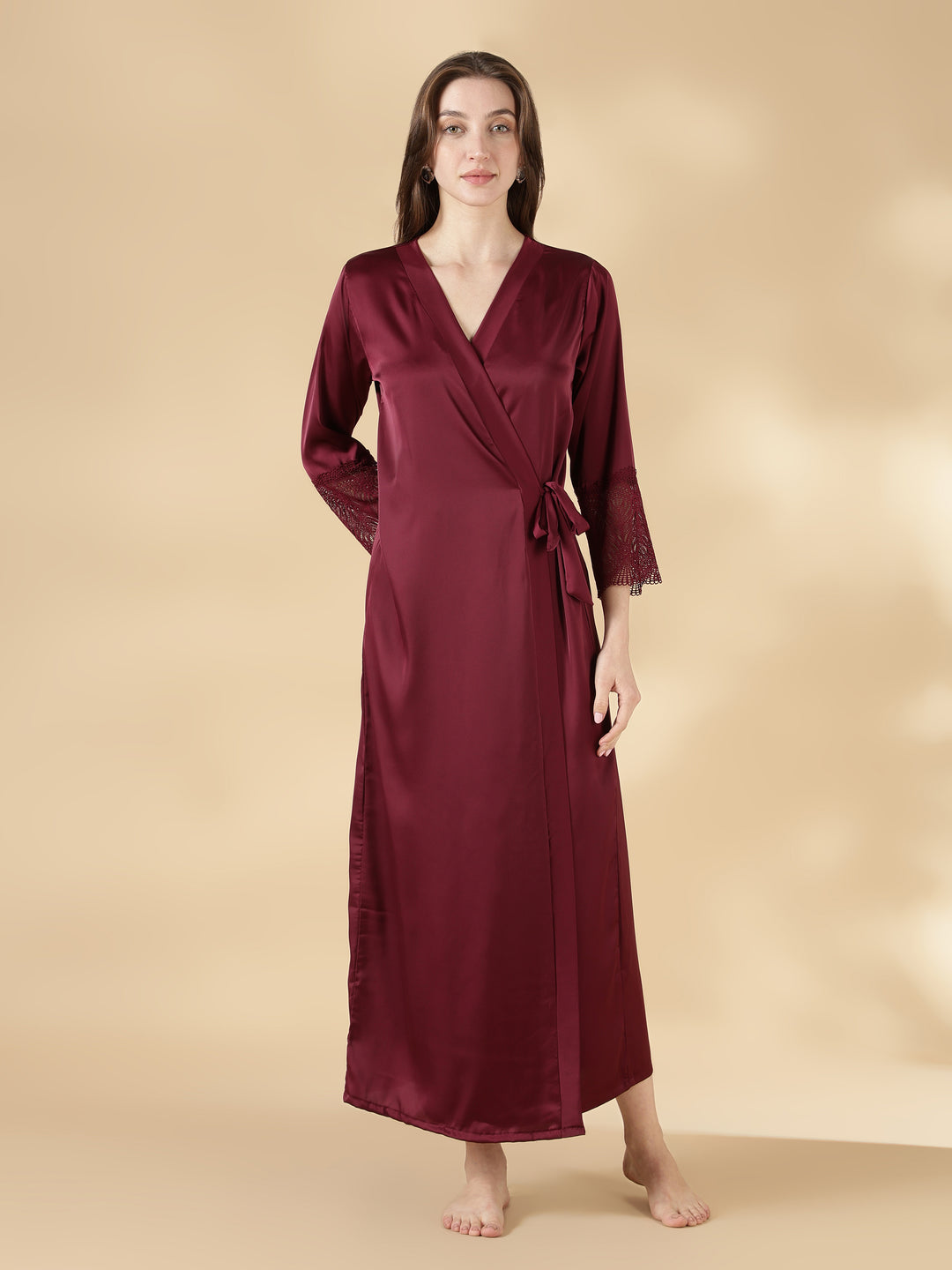 Malai Satin Lace Nighty with Matching Robe in Wine Rose