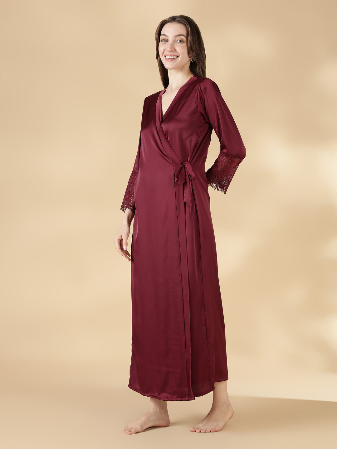 Malai Satin Lace Nighty with Matching Robe in Wine Rose