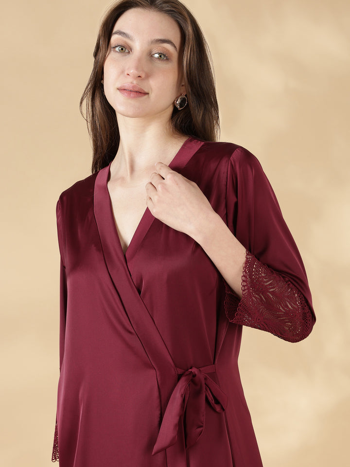 Malai Satin Lace Nighty with Matching Robe in Wine Rose