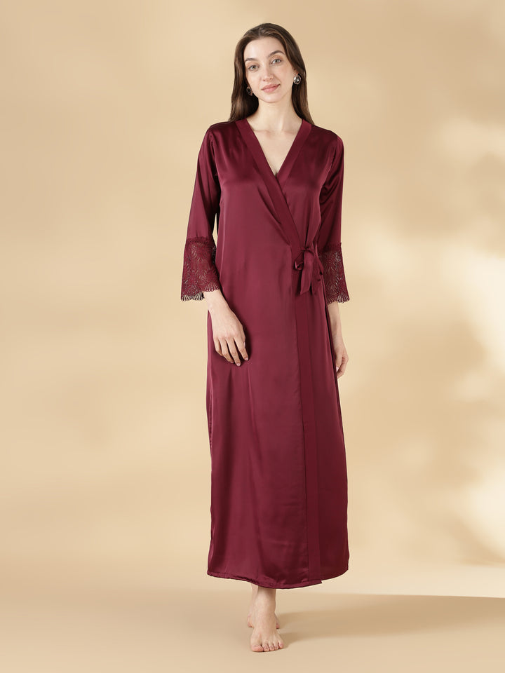 Malai Satin Lace Nighty with Matching Robe in Wine Rose