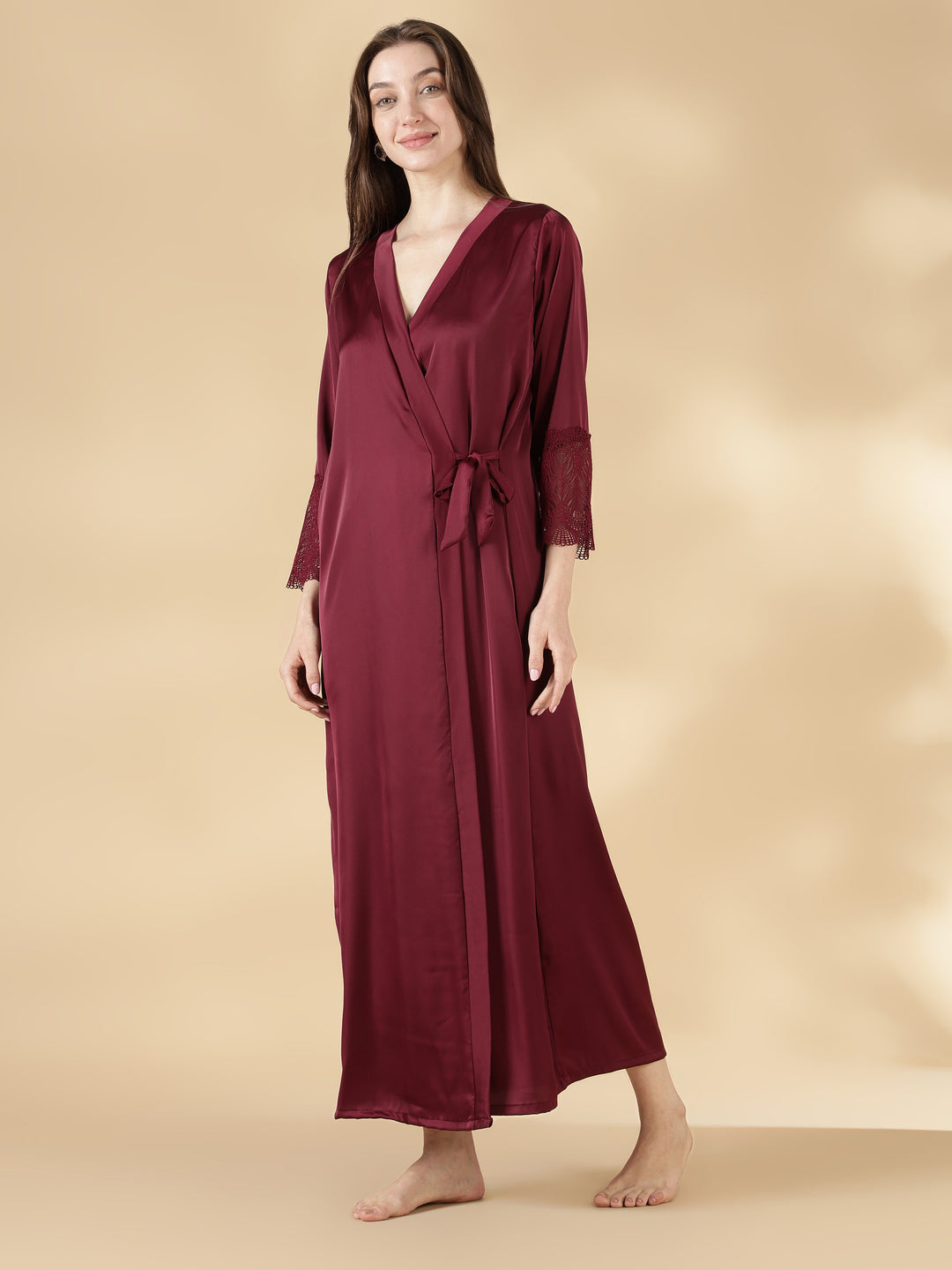 Malai Satin Lace Nighty with Matching Robe in Wine Rose