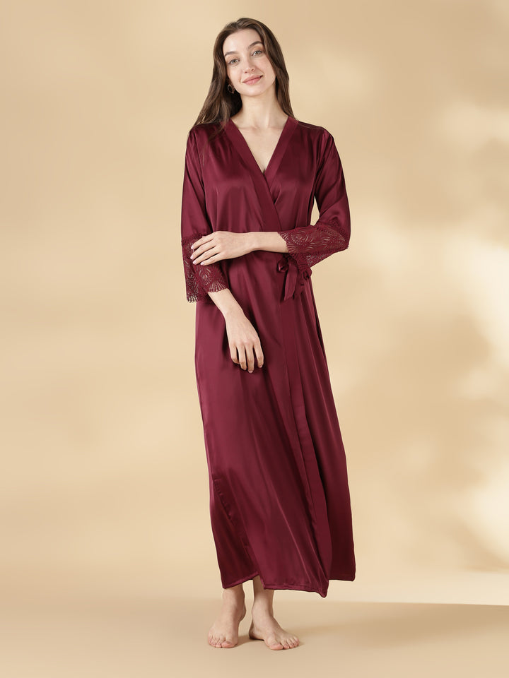 Malai Satin Lace Nighty with Matching Robe in Wine Rose