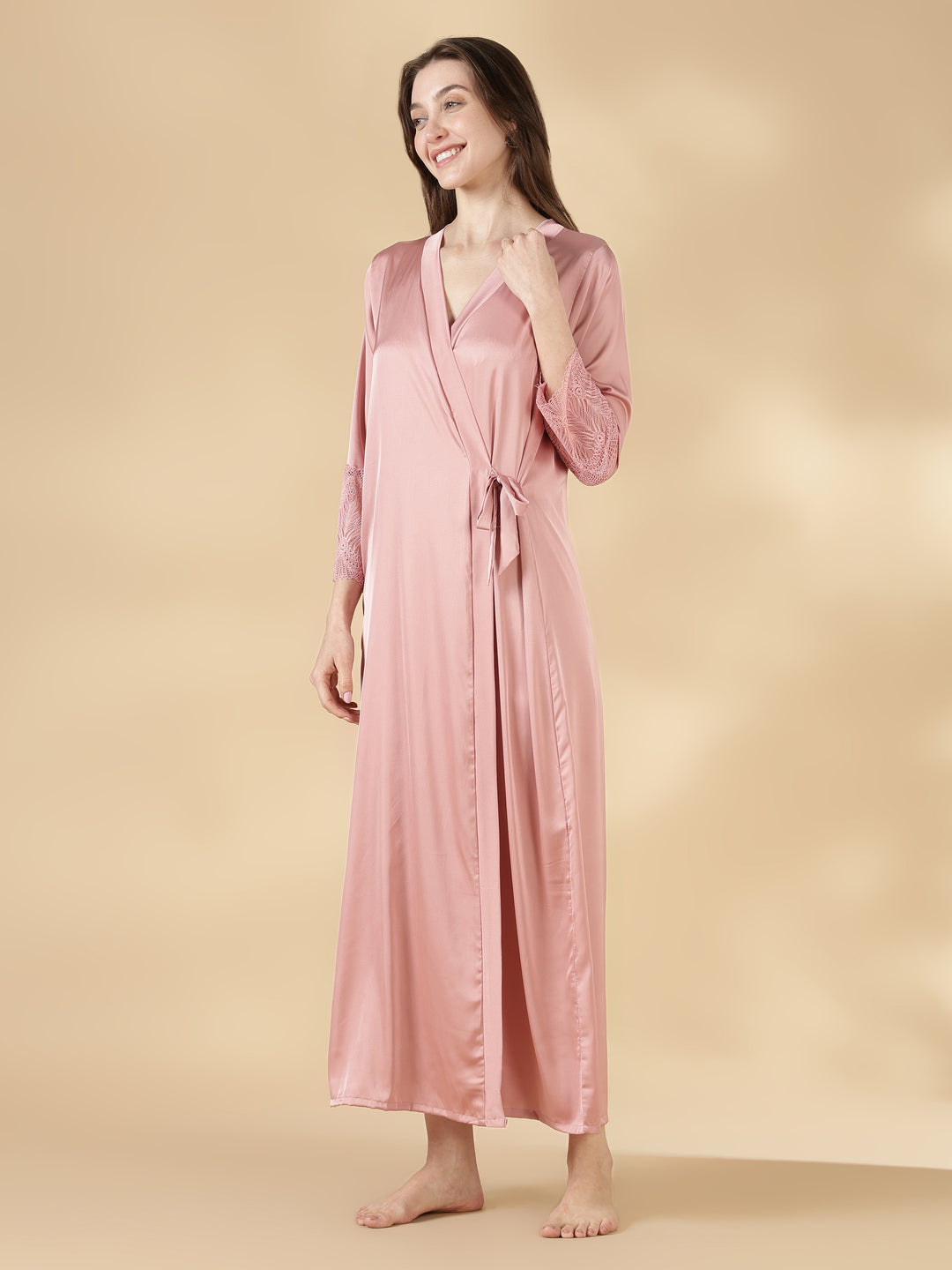 Malai Satin Lace Nighty with Matching Robe in Luxe Black