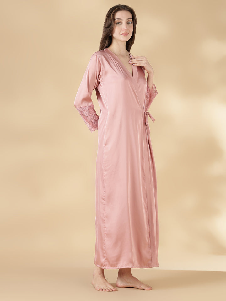 Malai Satin Lace Nighty with Matching Robe in Luxe Black