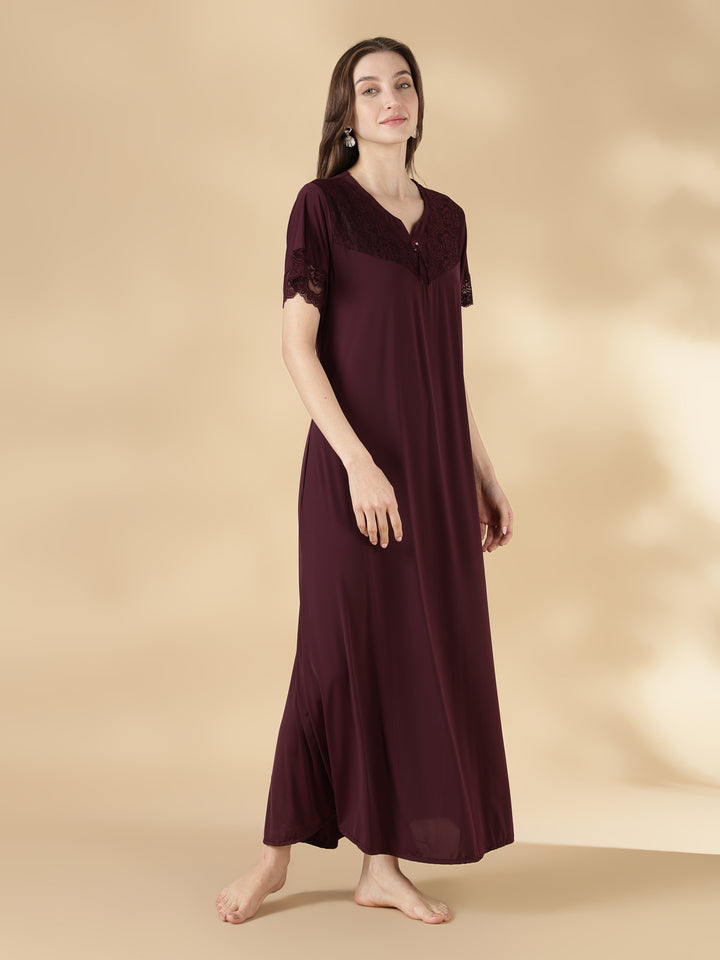 Malai Satin Solid Nighty for Women A Line Fit with Lace Neck