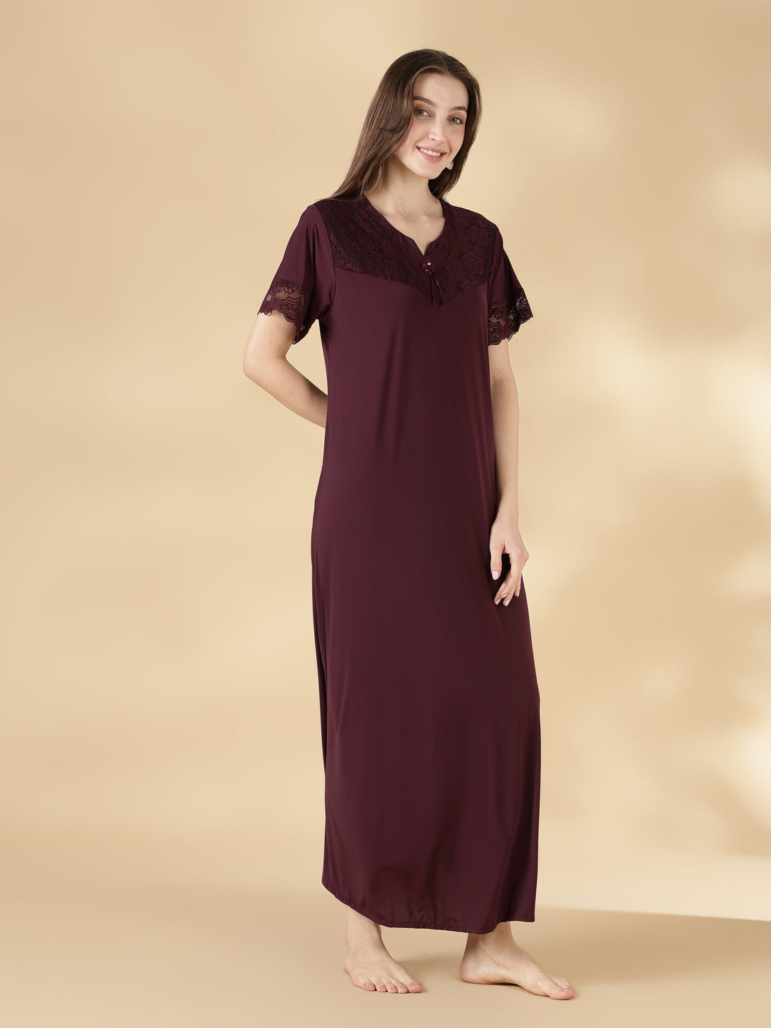 Malai Satin Solid Nighty for Women A Line Fit with Lace Neck
