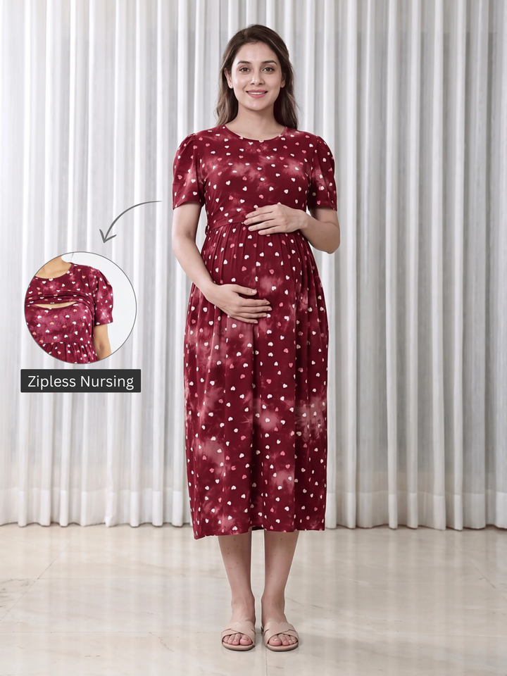 Red heart print maternity nighty dress for women online