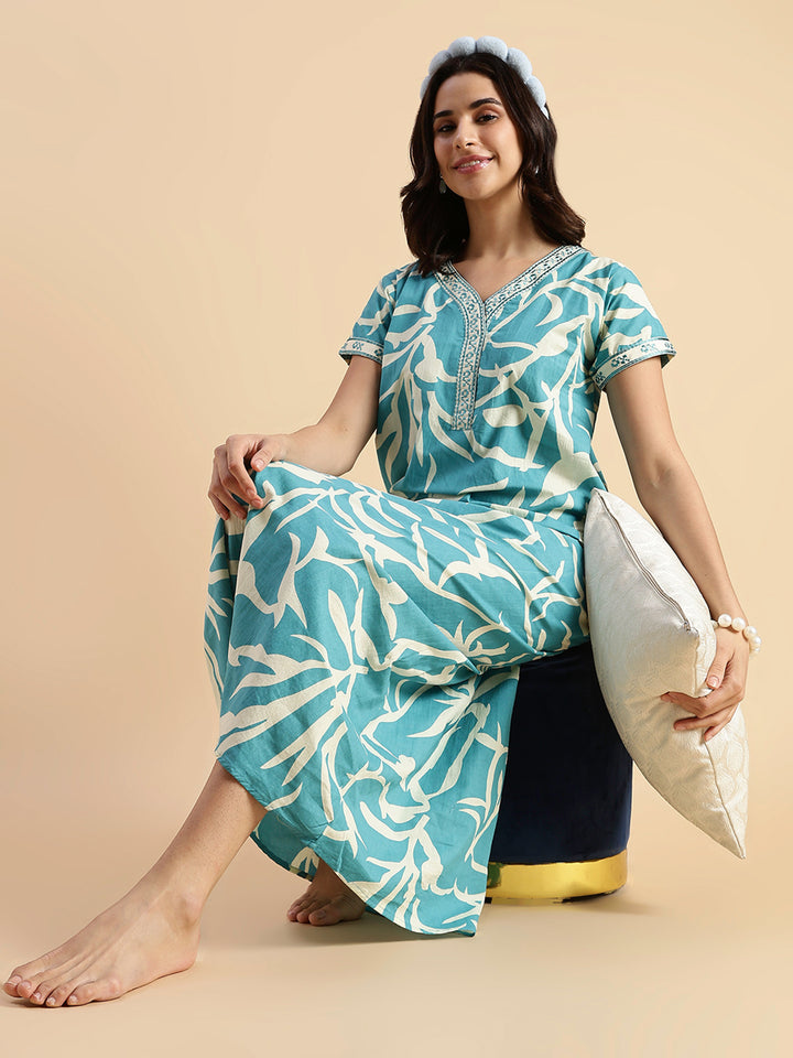 Ocean Tide Leaf Print Premium Qyality Cotton Nighty for Women