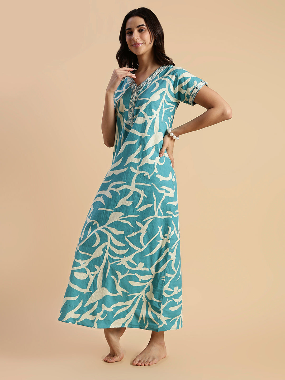 Ocean Tide Leaf Print Premium Qyality Cotton Nighty for Women