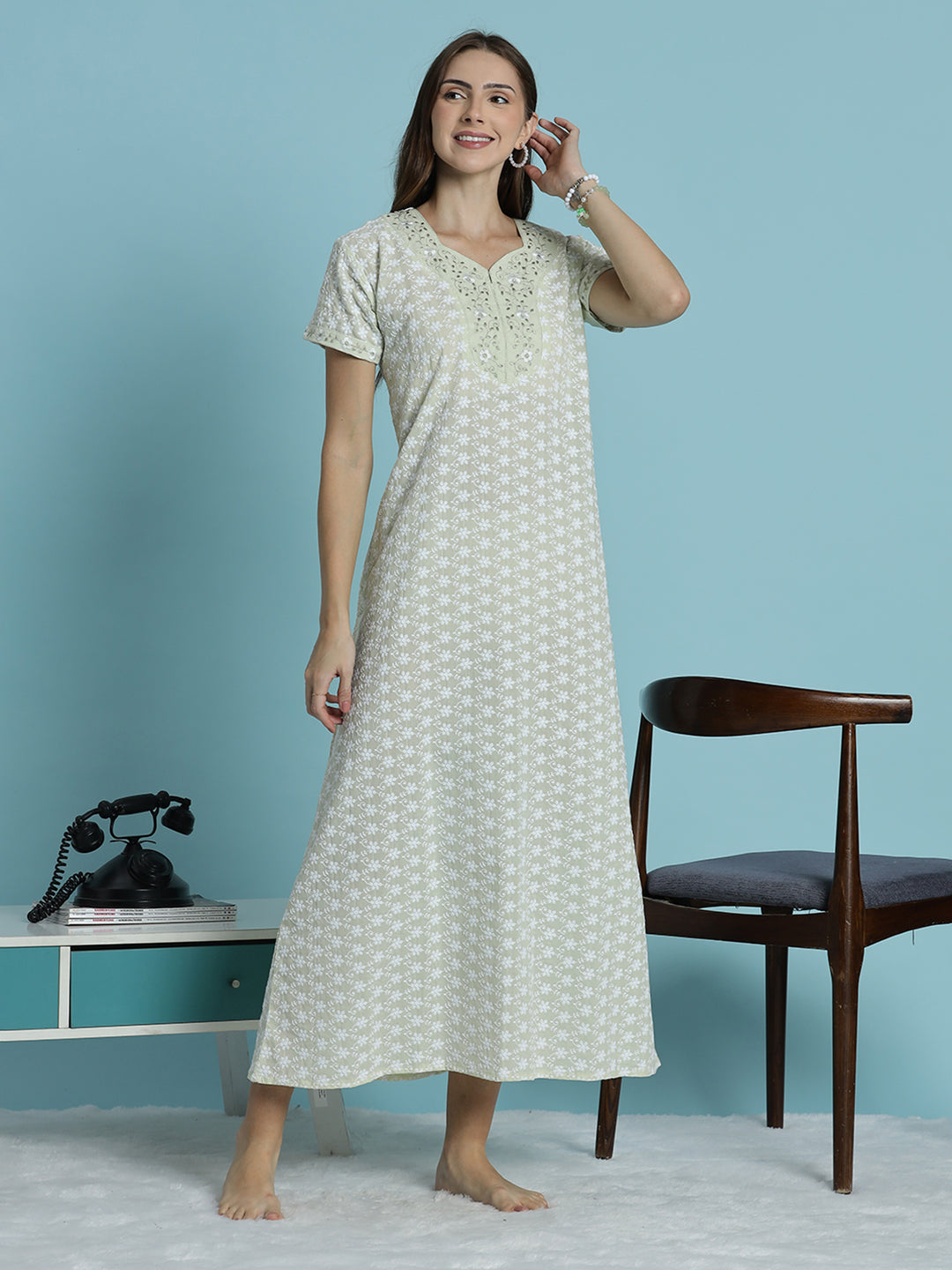 Premium pure cotton off white nighty for women