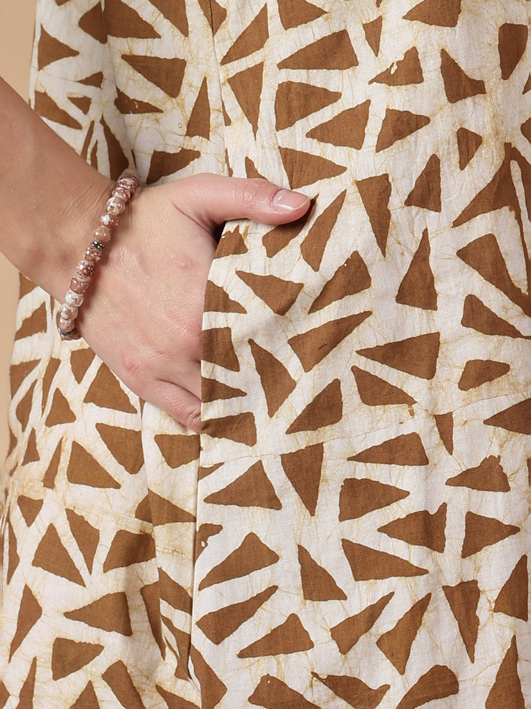 Olive brown pure cotton nighty with batik print