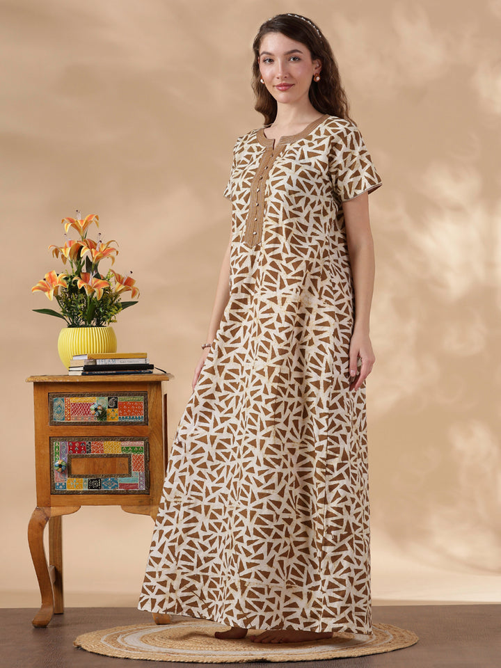 Olive brown pure cotton nighty with batik print