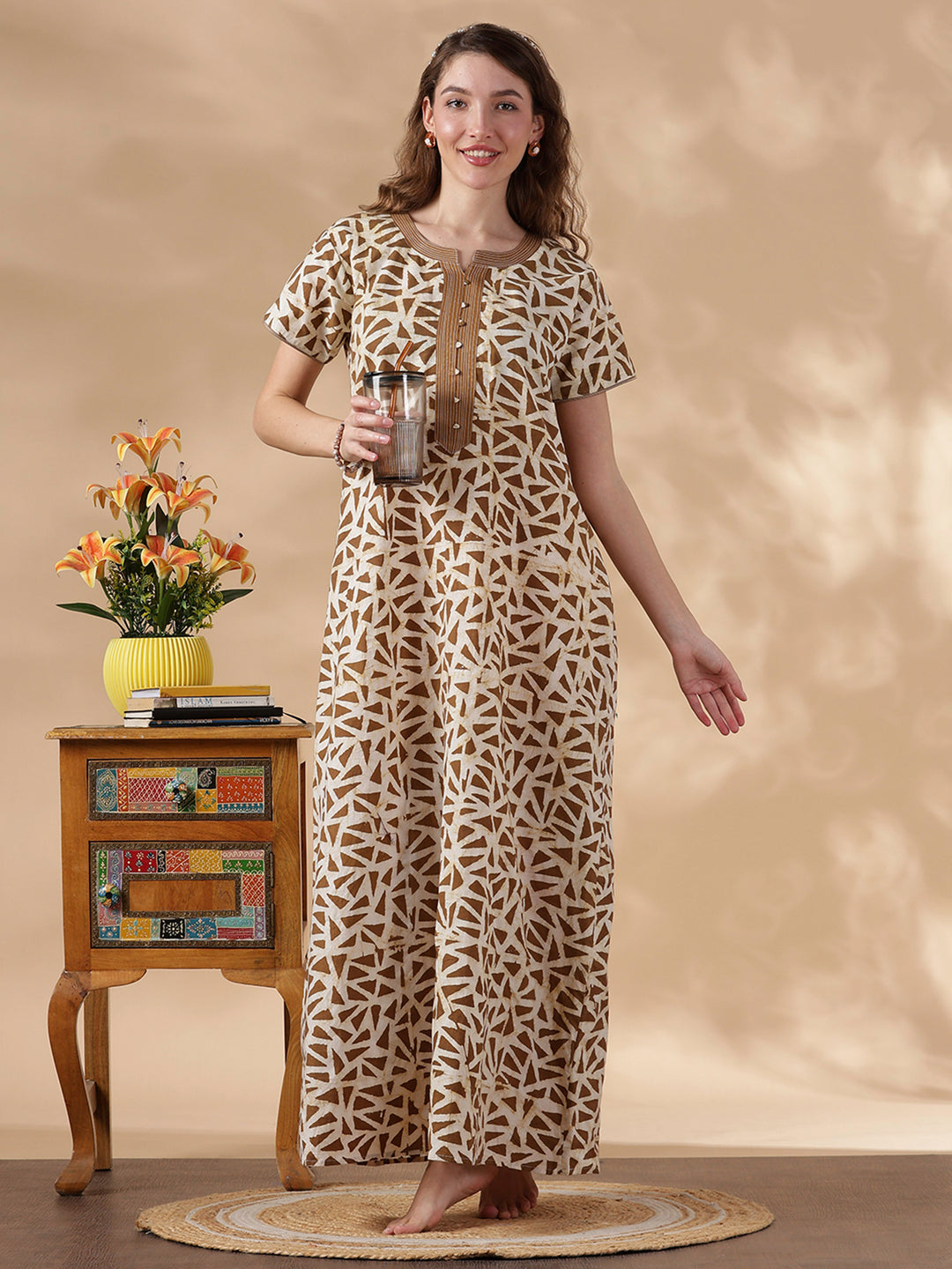 Olive brown pure cotton nighty with batik print