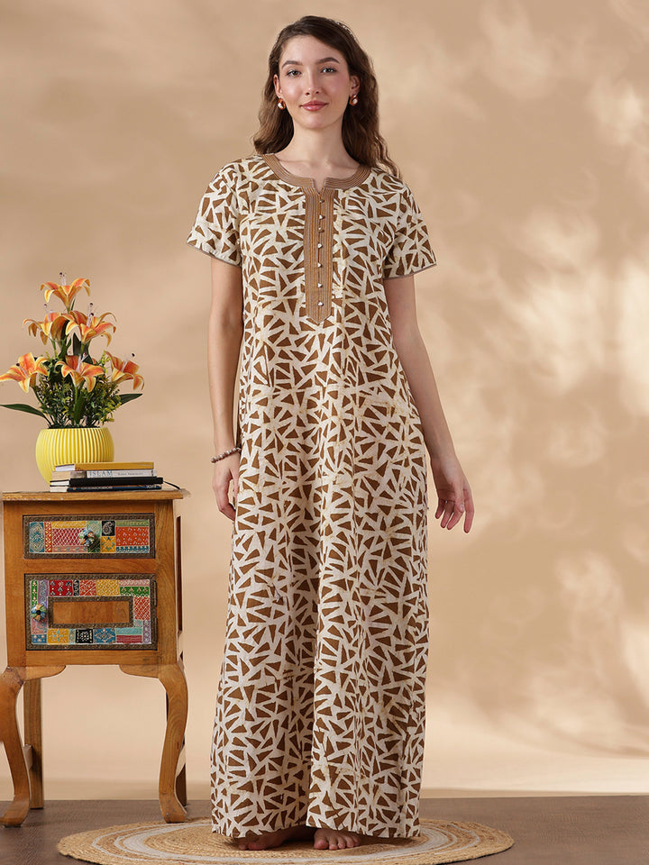 Olive brown pure cotton nighty with batik print