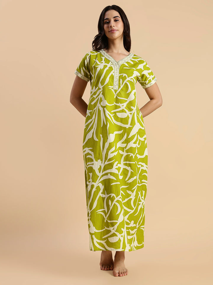 Olive Meadow Leaf Print Premium Pure Cotton Nighty for Women