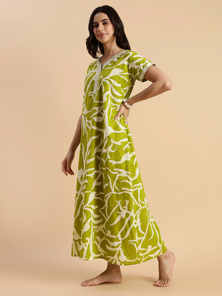 Olive Meadow Leaf Print Premium Pure Cotton Nighty for Women