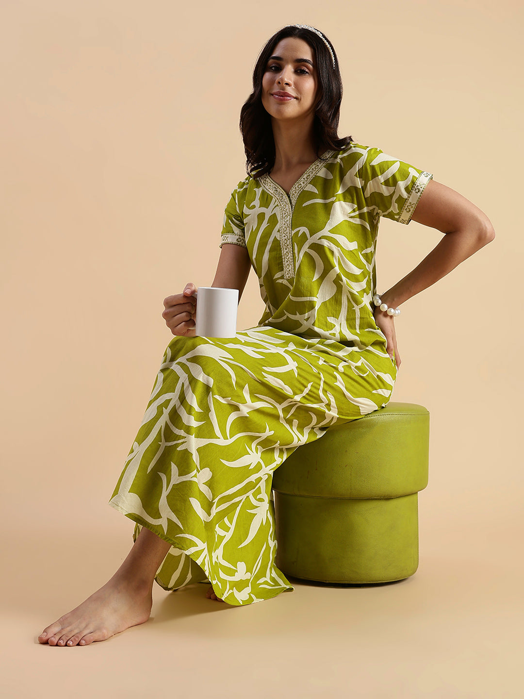 Olive Meadow Leaf Print Premium Pure Cotton Nighty for Women