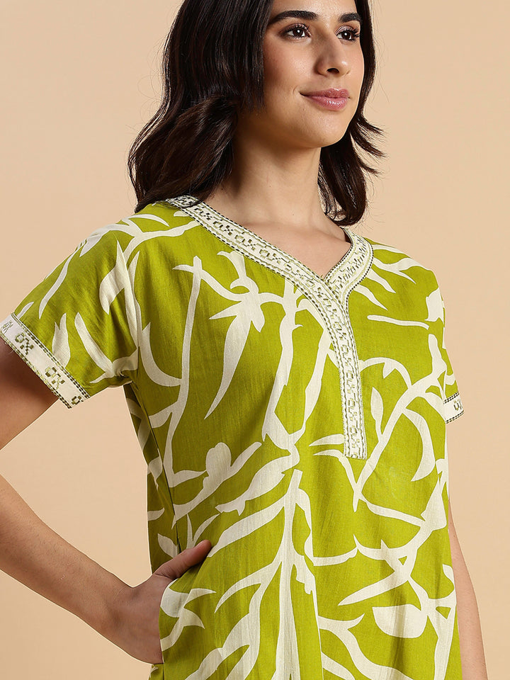 Olive Meadow Leaf Print Premium Pure Cotton Nighty for Women