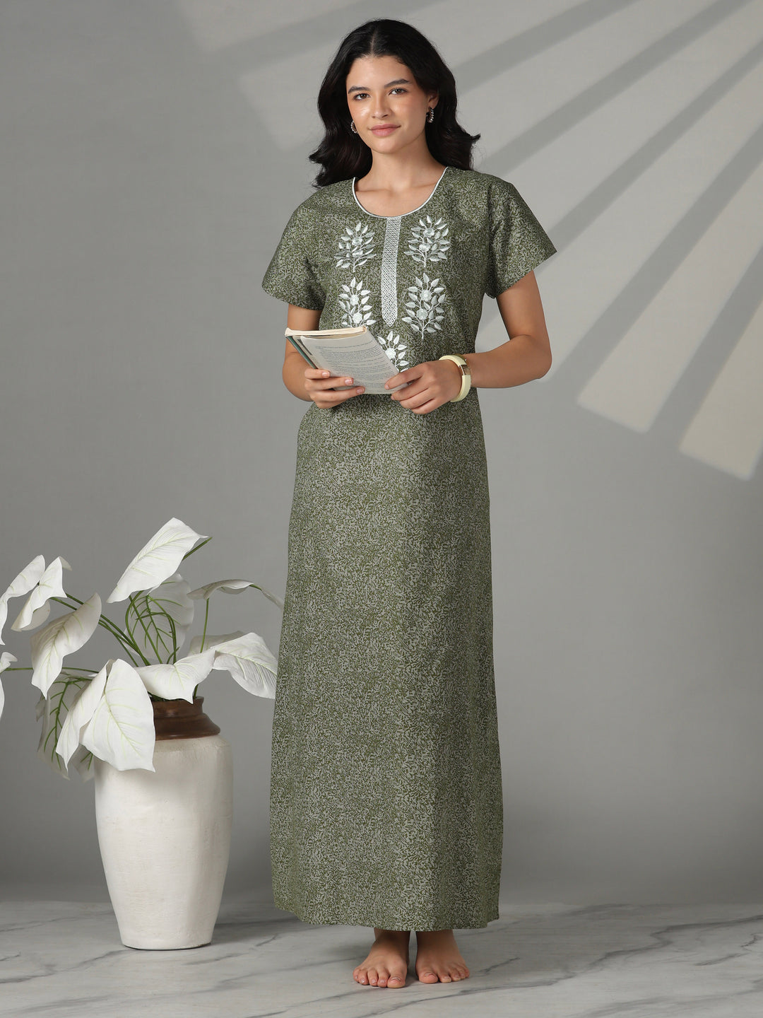 Olive floral embroidery cotton nighty dress for women