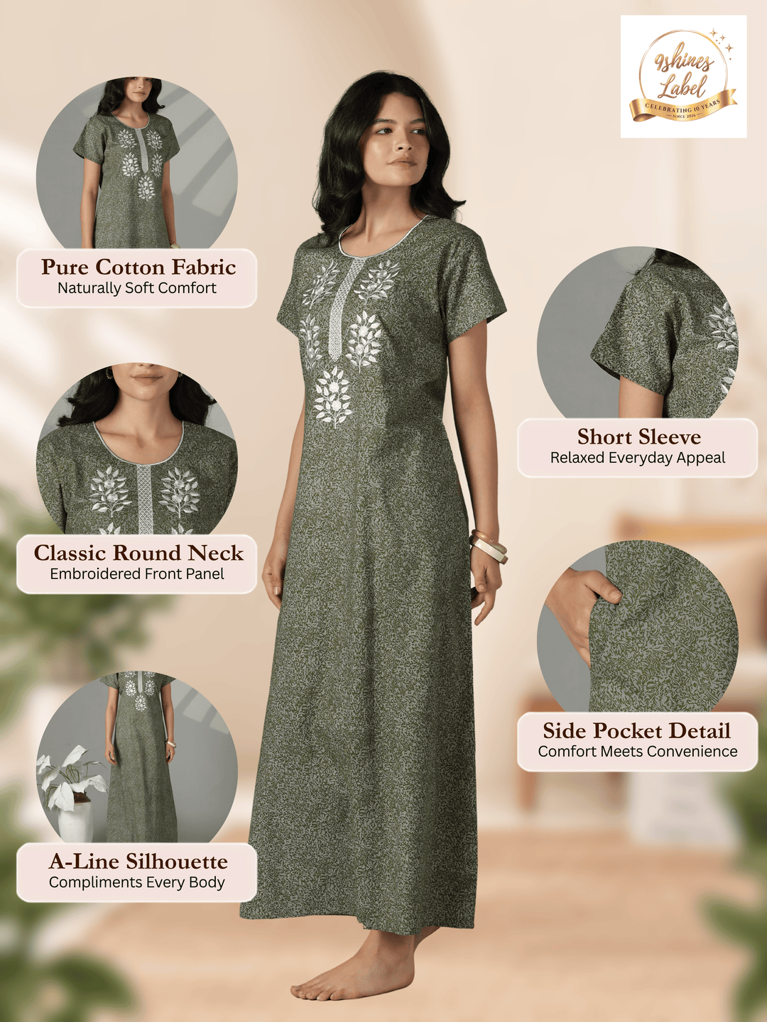 Olive floral embroidery cotton nighty dress for women