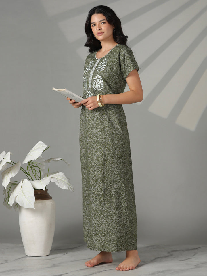 Olive floral embroidery cotton nighty dress for women