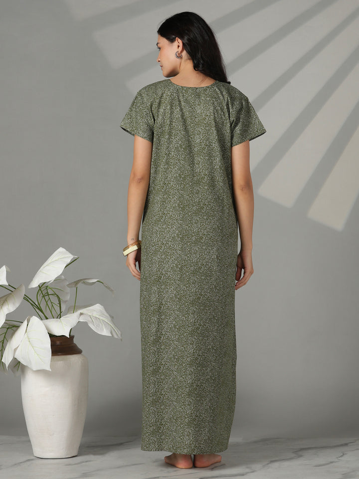 Olive floral embroidery cotton nighty dress for women