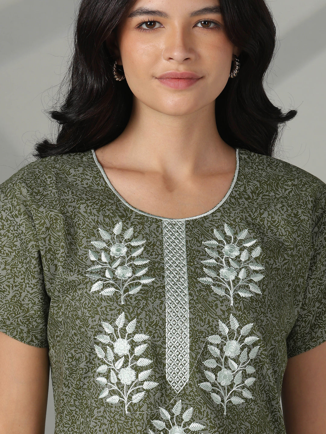 Olive floral embroidery cotton nighty dress for women