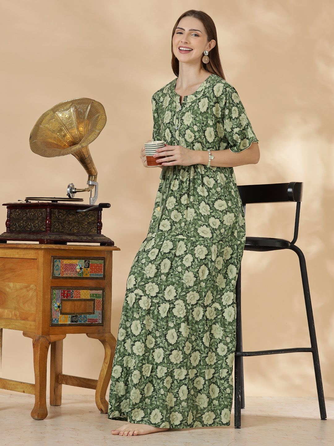 Soft relaxed fit olive green nighty for women In rayon