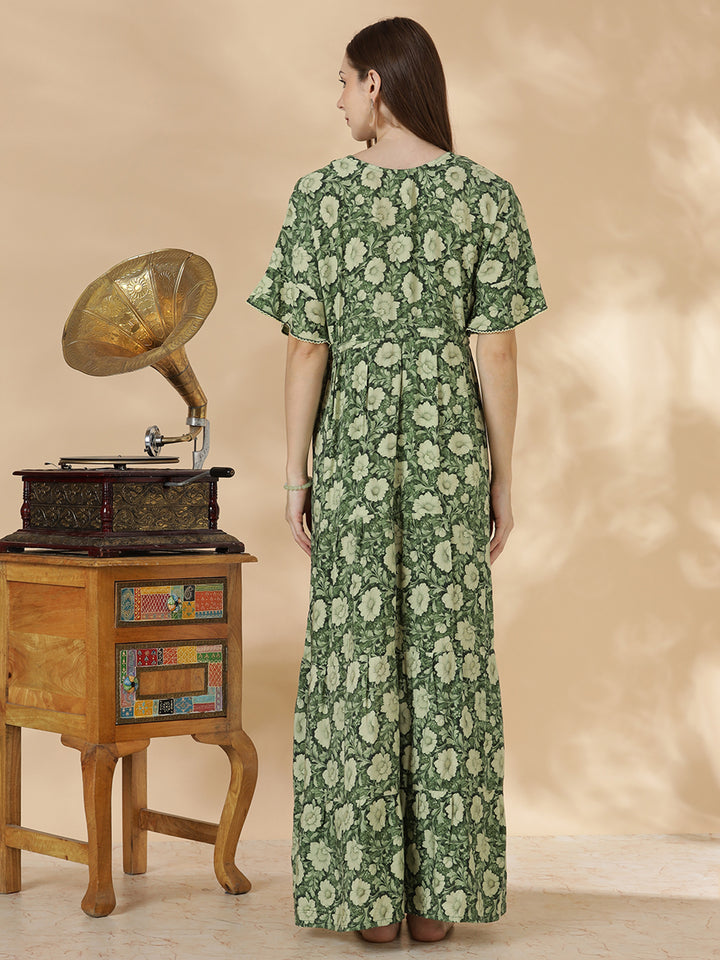 Soft relaxed fit olive green nighty for women In rayon