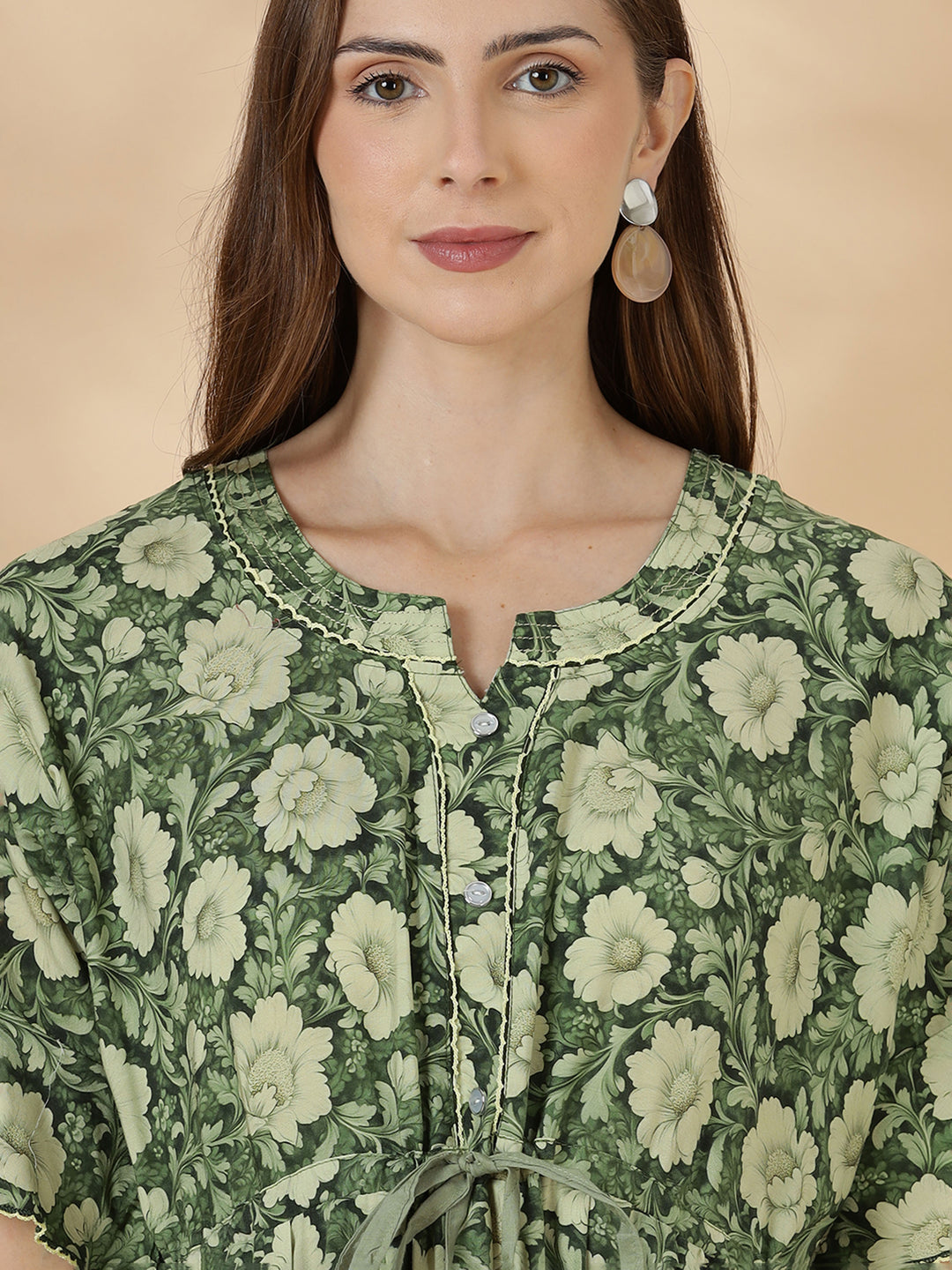 Soft relaxed fit olive green nighty for women In rayon