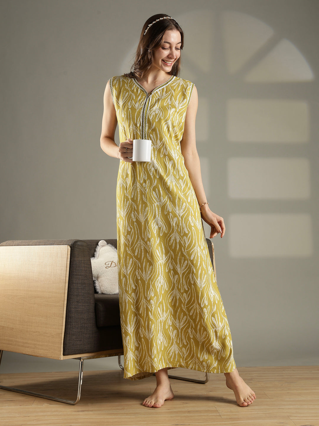 Olive green floral a-line sleeveless nighty for women