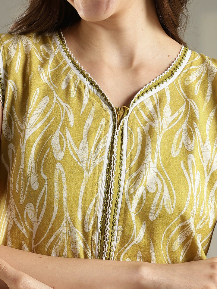 Olive green floral a-line sleeveless nighty for women