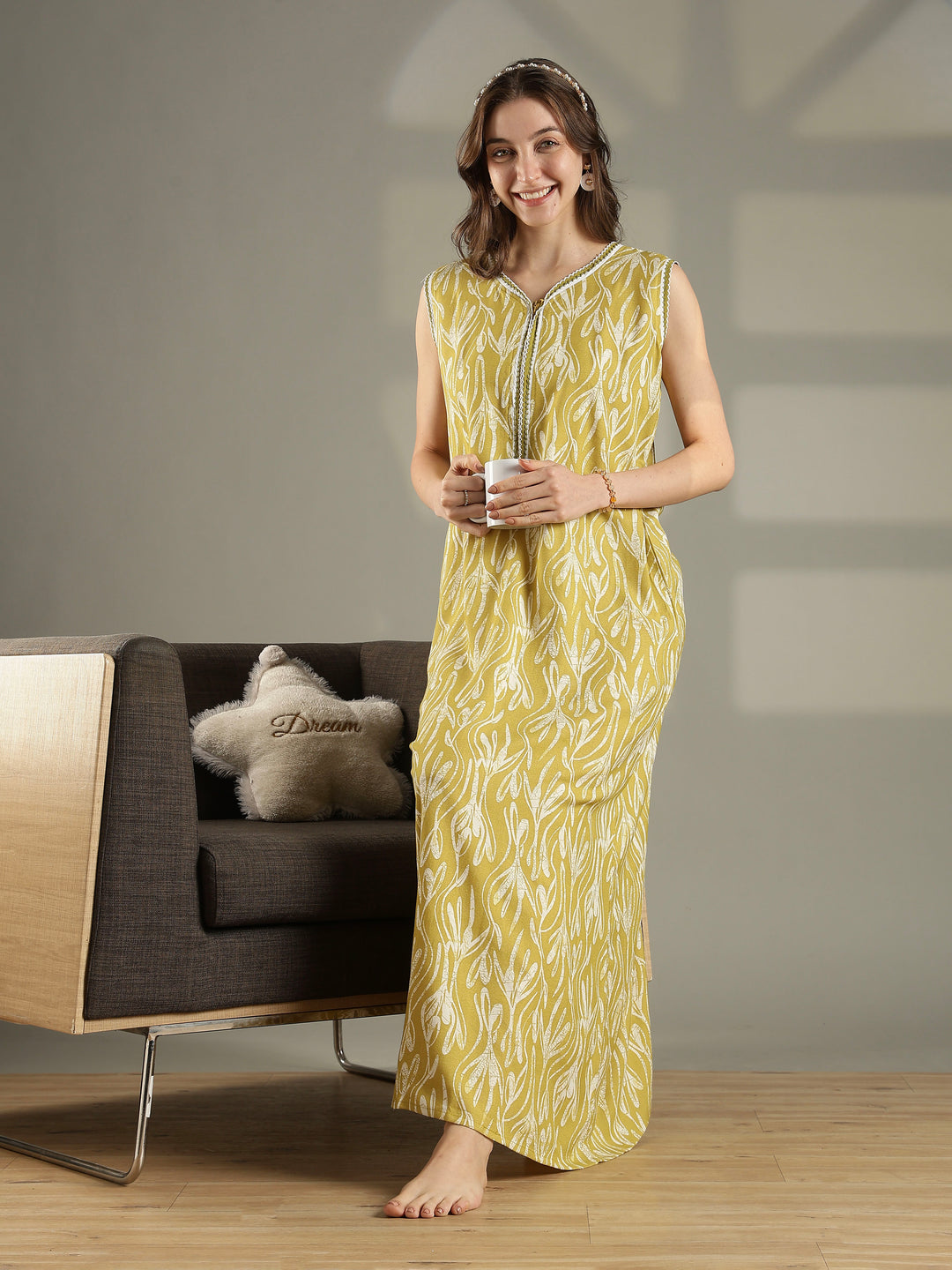 Olive green floral a-line sleeveless nighty for women