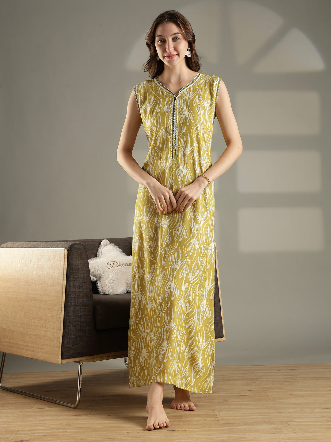 Olive green floral a-line sleeveless nighty for women