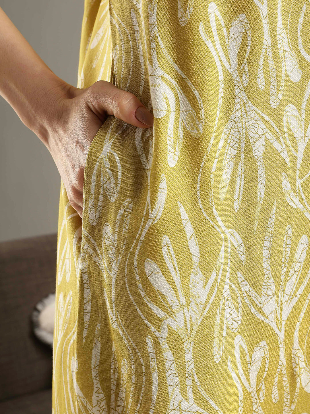 Olive green floral a-line sleeveless nighty for women