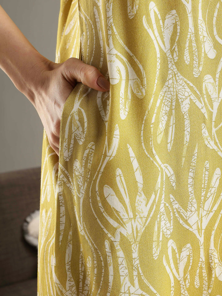 Olive green floral a-line sleeveless nighty for women